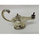 A George V Silver Aladdin style Spirit Lamp with scrolled handle with leopard head detail, raised on