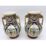 A pair of Noritake two-handled Baluster Vases decorated in colours with compartmentalised design