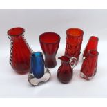 Mixed lot: Whitefriars glasswares to include five red coloured Vases, further small red Jug with