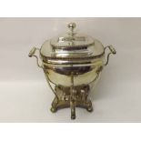 19th Century Silver plate on Copper double handled Tea Urn, fitted with central tap, raised on