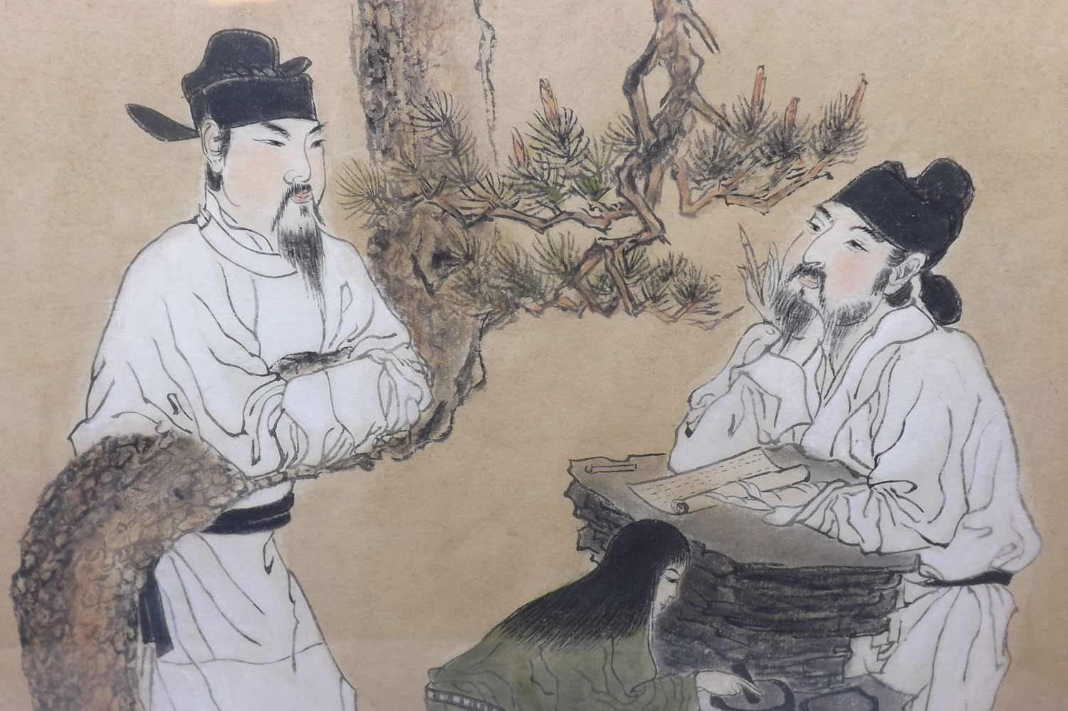 An Oriental Watercolour depicting a scene of scribes and apprentice in a garden with scrolls etc, - Image 5 of 5