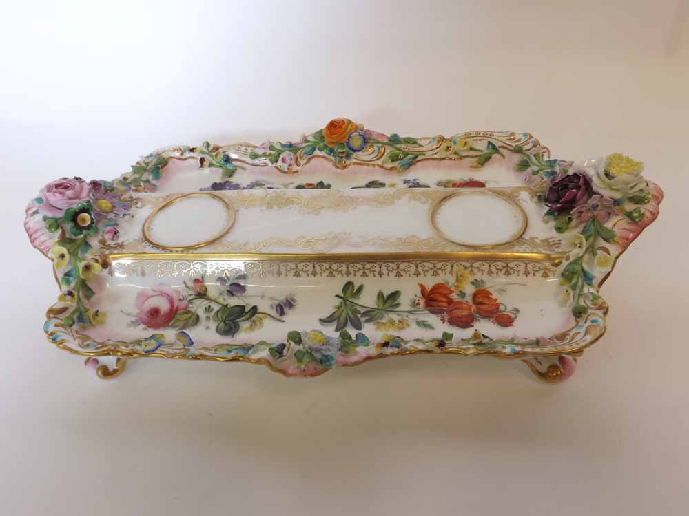 A 19th Century Inkstand, of rectangular two-handled form, flower-encrusted and gilded border and