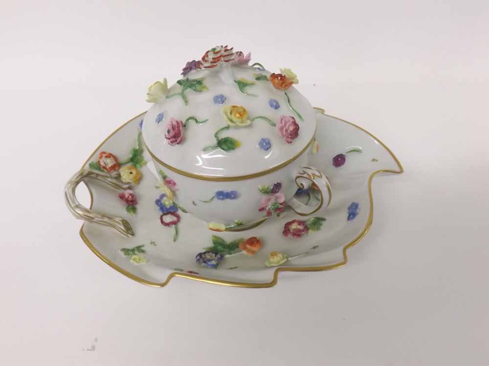 Late 20th Century Dresden double handled covered Cup and leaf shaped Saucer, decorated all over with