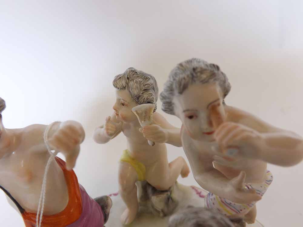 A Meissen Group of five Bacchanalian Putti, each in various poses and painted throughout in colours, - Image 3 of 6