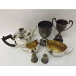 Mixed lot: comprising a three piece Silver plated Tea Service, further Silver plated Trophy Cup,