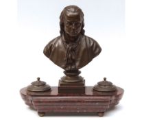 Large late 19th Century Bronze and marble Desk Stand, fitted with central Bronze bust and two