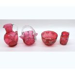 Mixed lot: 19th Century Cranberry glass wares to include small jug with lobed decoration, further
