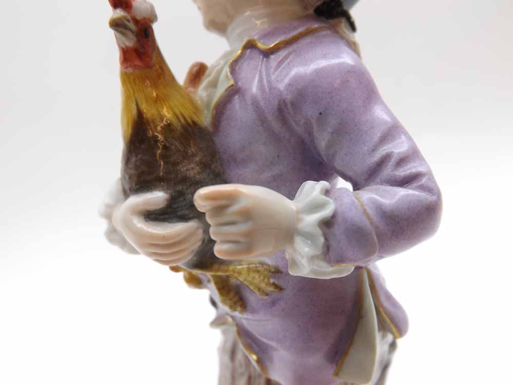 A Meissen Figure of a young dandy with a cockerel, wearing a plumed hat, further painted - Image 4 of 4