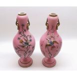 Pair of 19th Century opaque pink glass baluster Vases, decorated with enamelled design of bird
