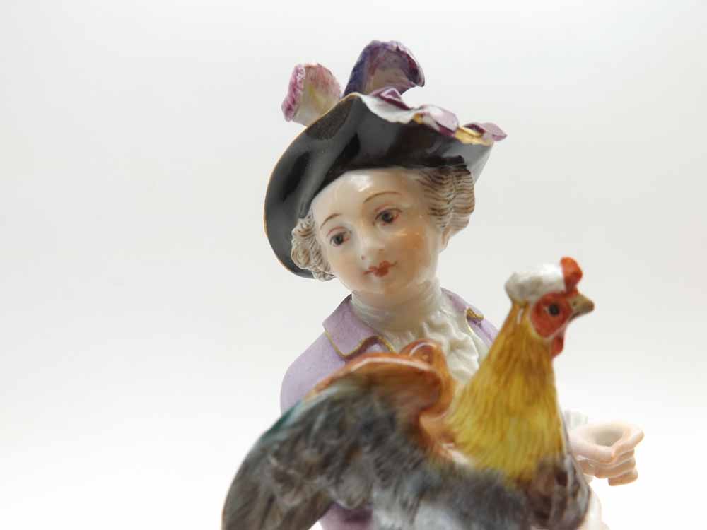 A Meissen Figure of a young dandy with a cockerel, wearing a plumed hat, further painted - Image 3 of 4