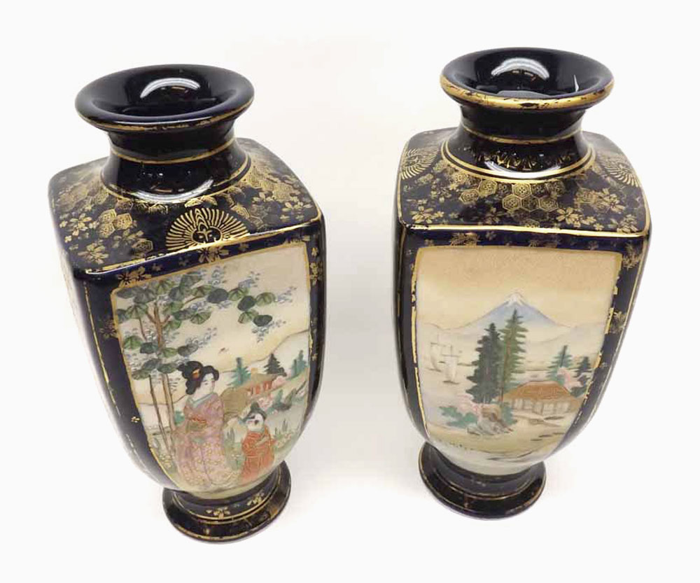 A pair of 20th Century Satsuma Baluster Vases of tapering square form, painted in typical colours