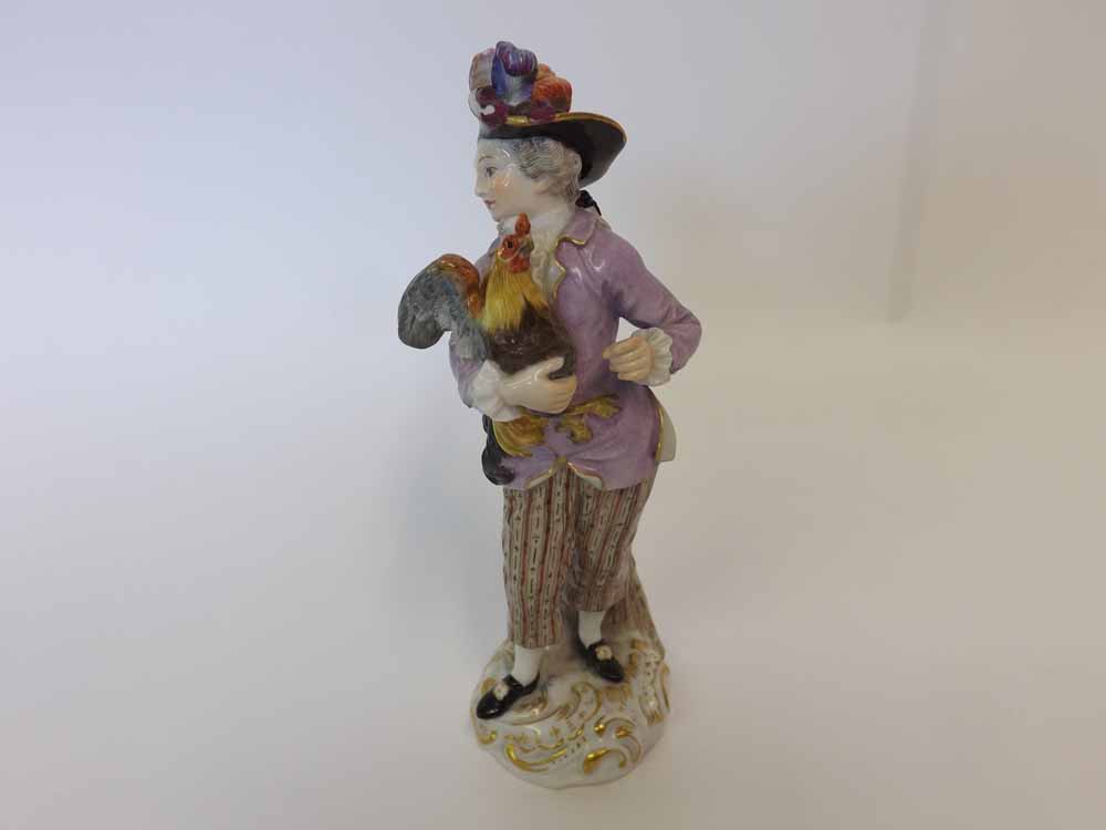 A Meissen Figure of a young dandy with a cockerel, wearing a plumed hat, further painted - Image 2 of 4