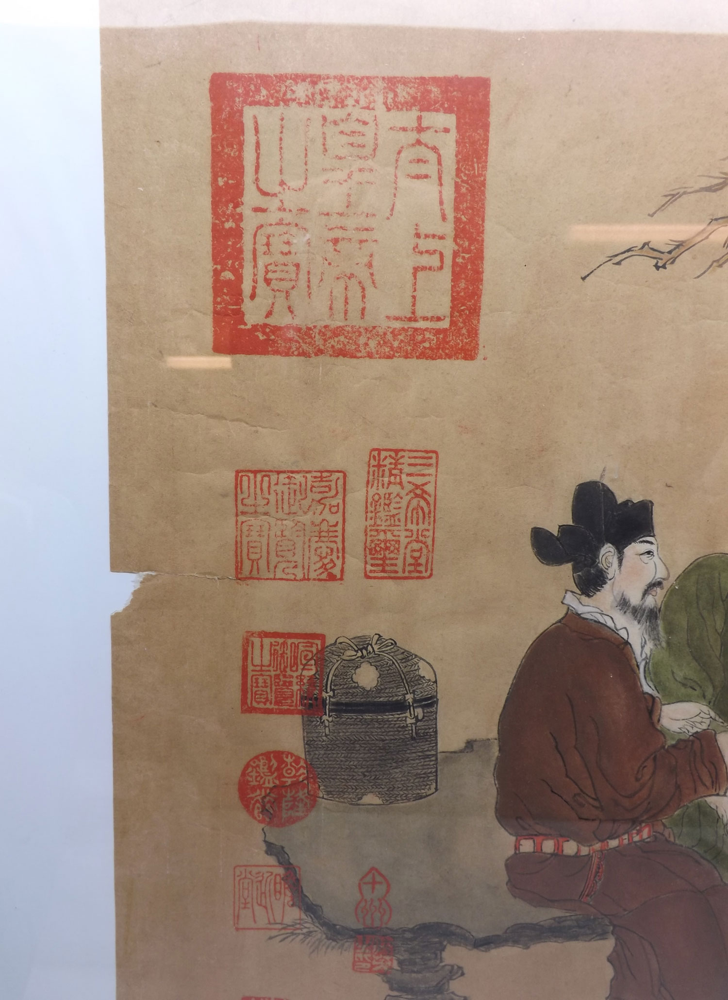 An Oriental Watercolour depicting a scene of scribes and apprentice in a garden with scrolls etc, - Image 2 of 5