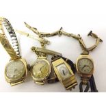 Mixed lot comprising three various Ladies 9ct Gold Dress Watches, each with base metal straps