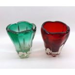 Mixed lot: two Whitefriars lobed glass Vases, one decorated in red, the other in green, both
