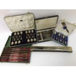 Mixed lot: five cases assorted Silver plated cutlery to include cased Tea Spoons, Sugar Tongs,