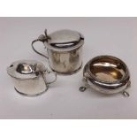 Group of three Silver Condiment Pots comprising a large circular Silver lidded Mustard with hinged