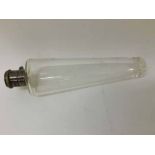 Silver plated clear glass travelling Spirit Flask of tapering circular form, approx 8” long