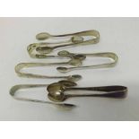 Mixed lot of six pairs of 19th Century and later Silver Sugar Tongs, varying designs, 95gm in total