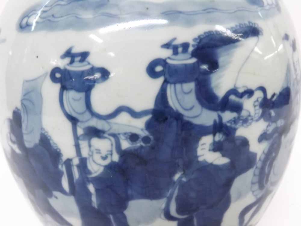 A Chinese large Ginger Jar (lid missing), painted in underglaze blue with an all over scene of - Image 3 of 9