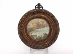 A Miniature Circular Framed Needlework Picture , marked to reverse “Honolulu” and dated 1925, 2 ¾”