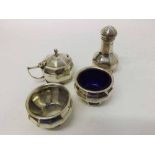 George V Silver four-piece Condiment Set of panelled form comprising hinged lidded Mustard with blue