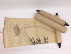 Two Oriental Rolled Monotone Watercolours, each depicting figures, carp, monkey, horse etc