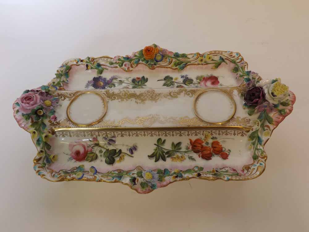 A 19th Century Inkstand, of rectangular two-handled form, flower-encrusted and gilded border and - Image 2 of 8