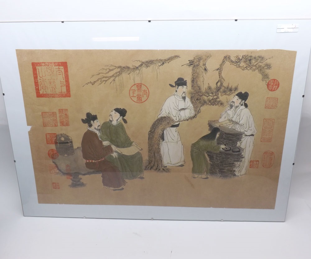 An Oriental Watercolour depicting a scene of scribes and apprentice in a garden with scrolls etc,