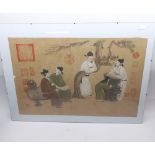 An Oriental Watercolour depicting a scene of scribes and apprentice in a garden with scrolls etc,