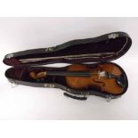 An early 20th Century unnamed Violin, double purfling sides, two-piece back, in pale varnish finish,