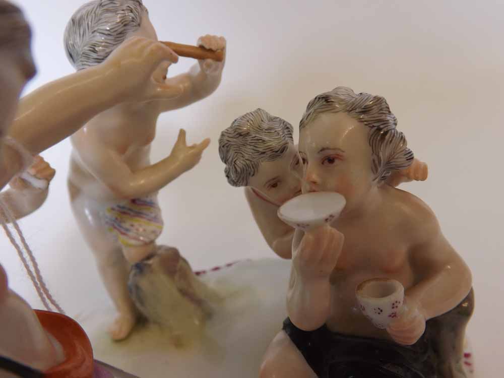 A Meissen Group of five Bacchanalian Putti, each in various poses and painted throughout in colours, - Image 2 of 6