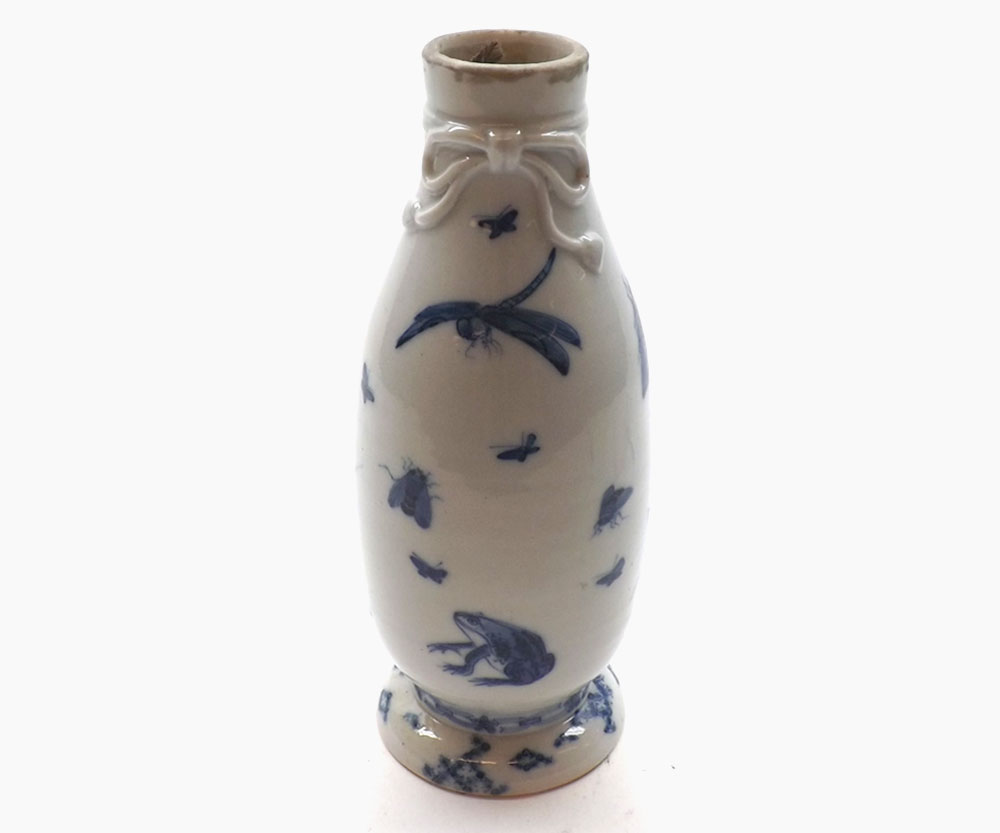 A Chinese Baluster Vase, pained in underglaze blue with insects, and the neck moulded with a knot