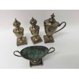 19th Century Silver plate on Copper four-piece Cruet comprising two baluster Pepper Pots, lidded