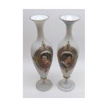 Pair of 19th Century opaque baluster glass Vases decorated with central panels of head and shoulders
