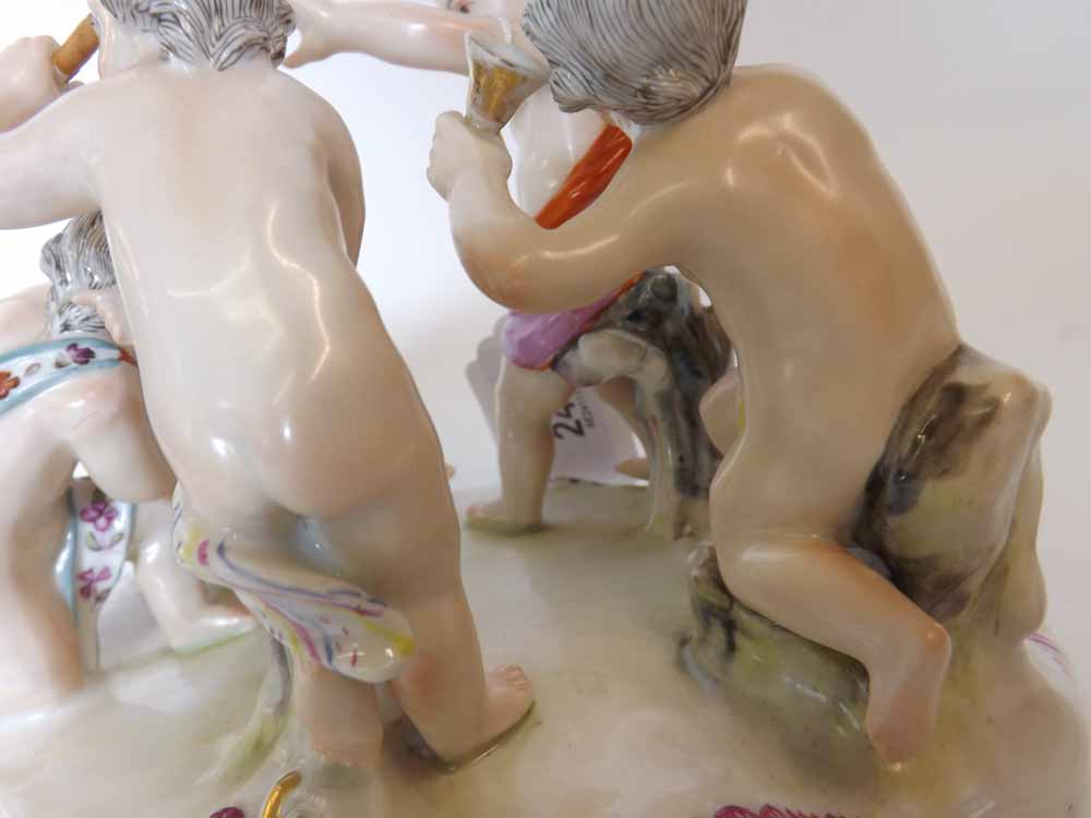 A Meissen Group of five Bacchanalian Putti, each in various poses and painted throughout in colours, - Image 4 of 6