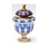 19th Century Continental covered glass Vase decorated with blue panels on a clear and gilt