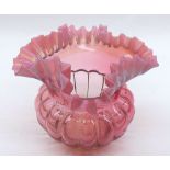 Victorian Cranberry and Vaseline glass small Vase with frilled rim, 4 ½” high