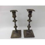 Pair of 19th Century Silver plate on Copper Candlesticks, fitted with removable nozzles over knopped