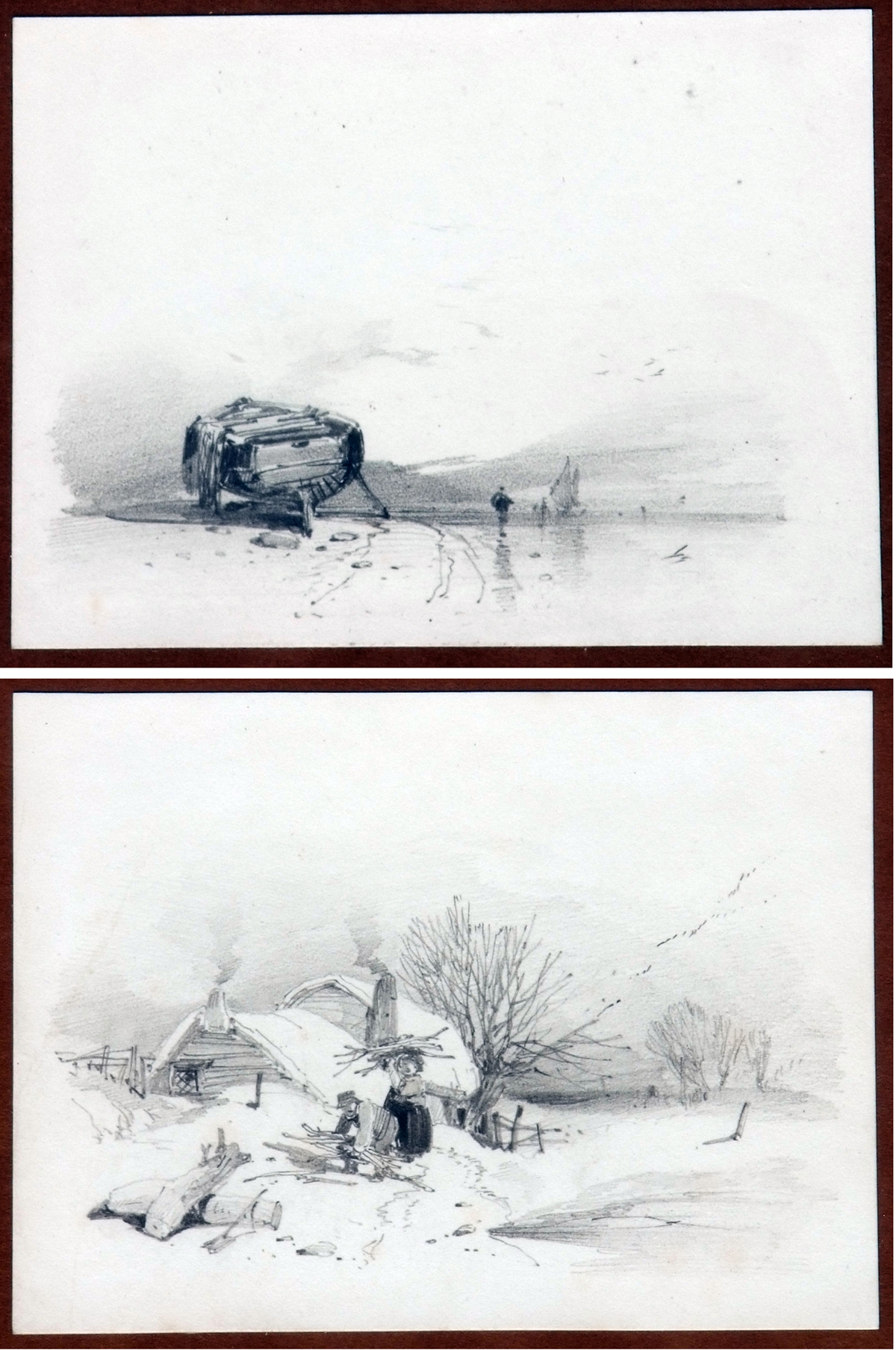 HENRY BRIGHT (1810-1873, BRITISH) 
“Faggot Gathering in the Snow” and “Low Tide”
pair of pencil