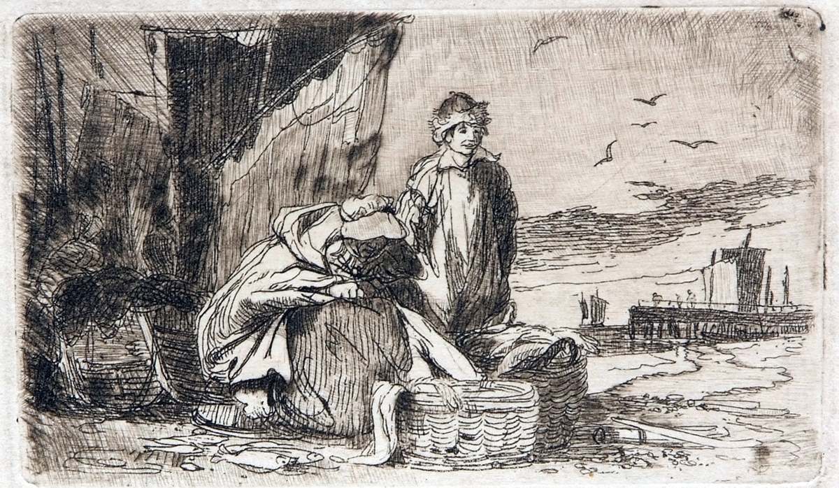 JOSEPH STANNARD (1797-1830, BRITISH) 
“Fisherfolk Mending their Nets”
black and white etching
2 ¼