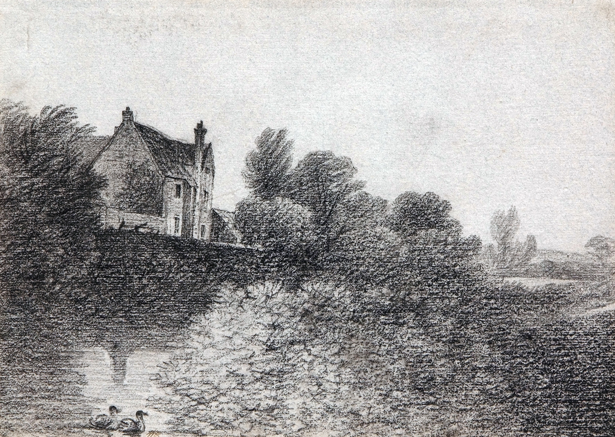GEORGE FROST (1754-1821, BRITISH) 
River Scene with Cottage
Charcoal Drawing
8 ½ x 12 ins