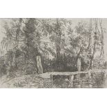 JOSEPH STANNARD (1797-1830, BRITISH) 
“The Bridge”
black and white etching
3 ¼ x 5 ins, mounted