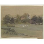 ATTRIBUTED TO ROBERT BURROWS (1810-1883, BRITISH) 
Landscape with Village and Sheep
watercolour