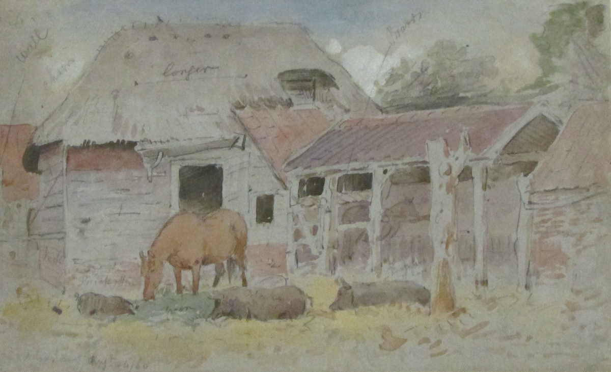 NORWICH SCHOOL (19TH CENTURY) 
Horse and Pigs in Farmstead
pencil and watercolour with colour