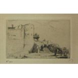 MAURICE BAUER monogrammed in pencil to margin black and white etching Continental Fortress 2  x 4 “