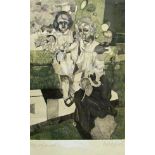 INDISTINCTLY SIGNED coloured artist s proof etching Mother and Child 23  x 18 “