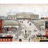 *LAURENCE STEPHEN LOWRY, RA (1887-1976, BRITISH) Station Approach  coloured print, guild blind stamp