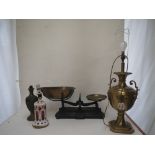 Cast iron and brass scales and 3 lamps