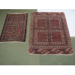Two Persian rugs , one with maroon background & 4 square geometric design and one with dark brown